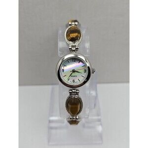 Avon Tigers Eye Cabochon Bracelet Watch Quartz MOP Dial New Battery Steel Back